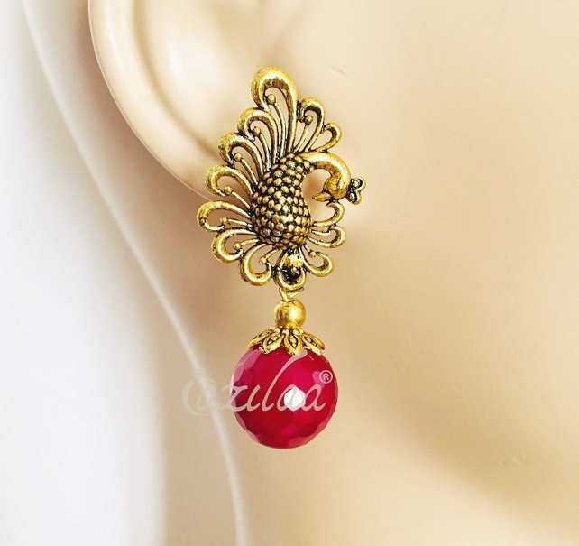 Peacock pinkish maroon antique gold tone necklace earrings