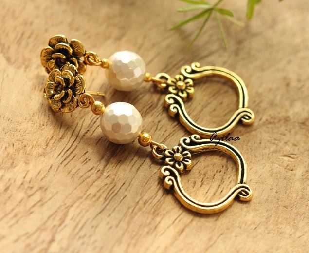 Pearl Antique Gold tone handmade earrings