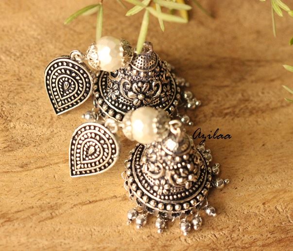 Pearl Traditional Ethnic Silver tone jhumki post earrings