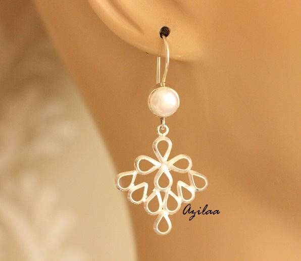 Pearl gemstone sterling silver handmade earrings
