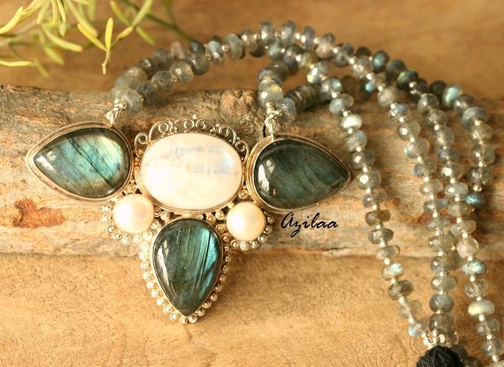Pearl moonstone Labradorite gemstone sterling silver Necklace set