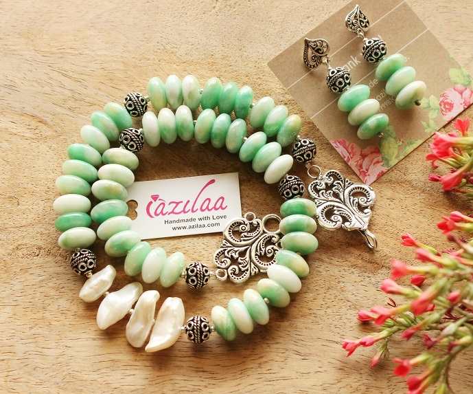 Pearl pastel green designer spring gemstone silver necklace set