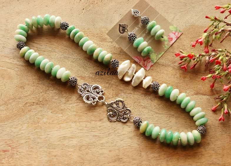 Pearl pastel green designer spring gemstone silver necklace set