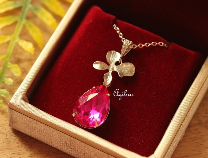Pink Crystal CZ flower pendant silver necklace