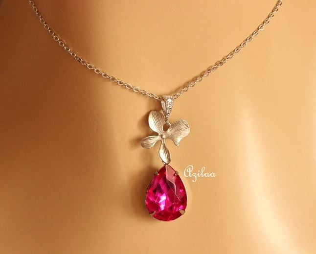 Pink Crystal CZ flower pendant silver necklace