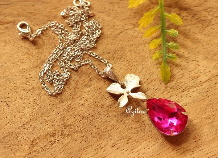 Pink Crystal CZ flower pendant silver necklace