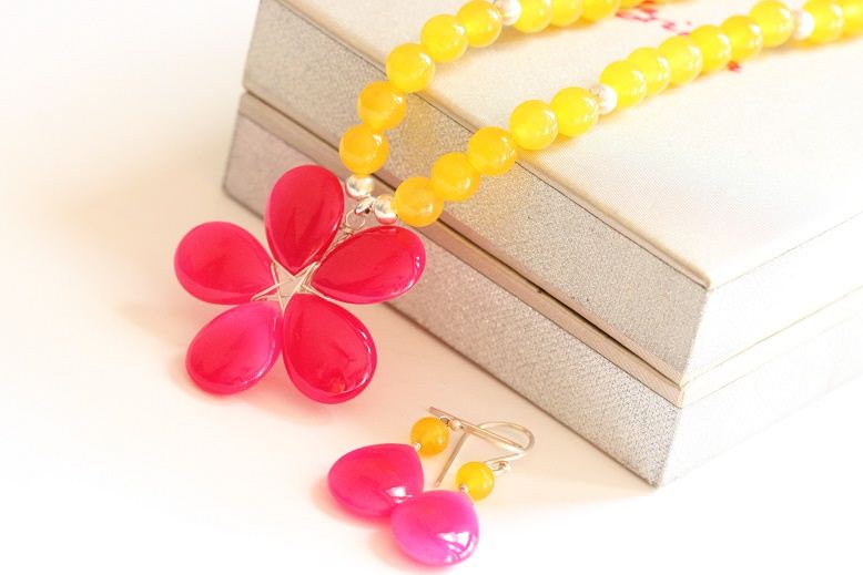 Pink Flower Chalcedony gemstone beaded handmade necklace earring silver Set