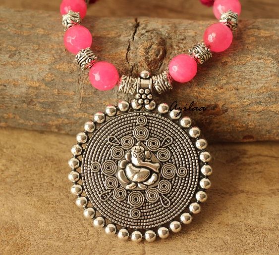 Pink Ganesha gemstone artisan handmade necklace set