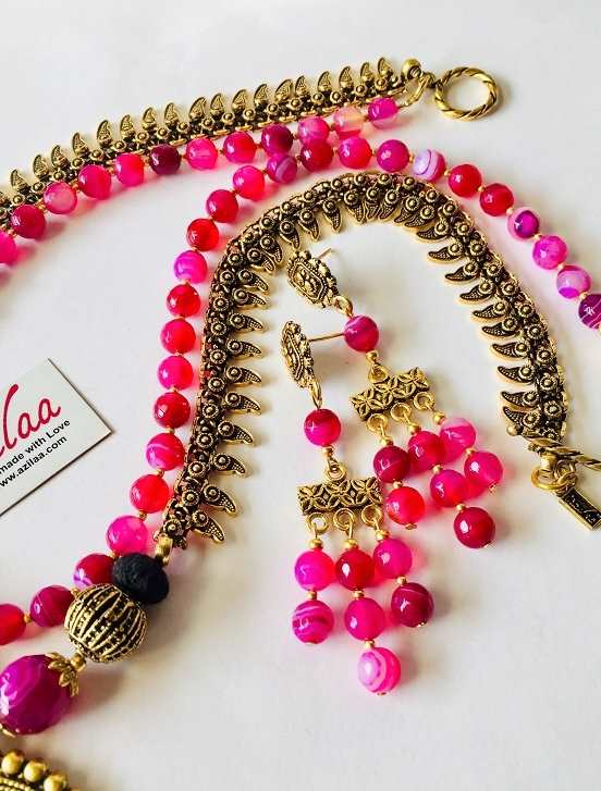 Pink Ganesha beaded ethnic chain antique gold necklace set