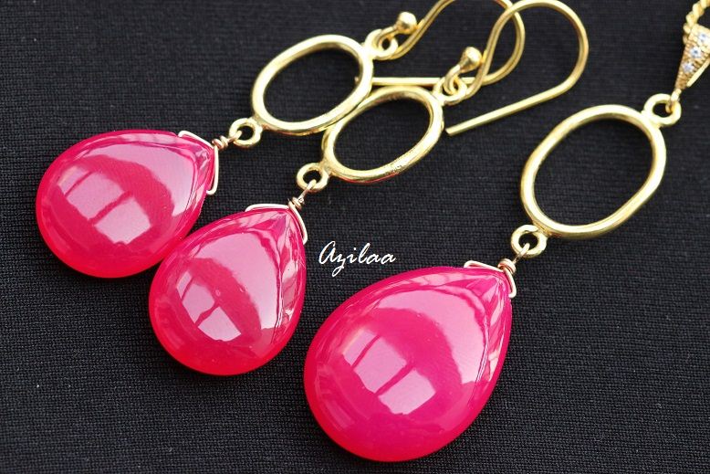 Pink Gemstone Chalcedony Silver Gold Plated Pendant Earring set