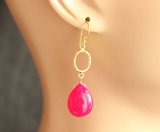 Pink Gemstone Chalcedony Silver Gold Plated Pendant Earring set