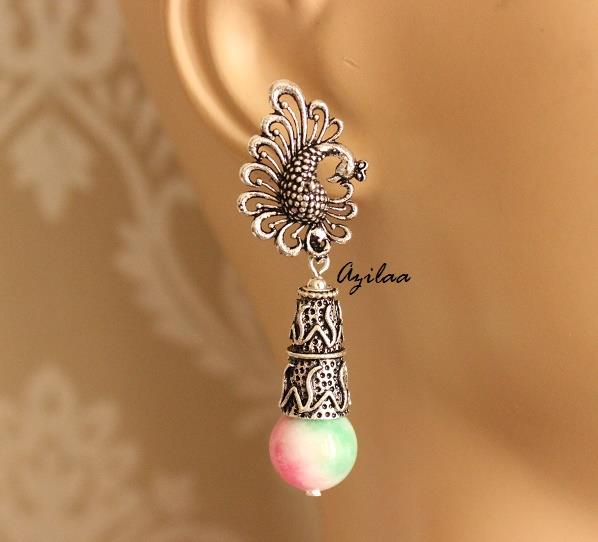 Pink Green gemstone beaded drop earrings