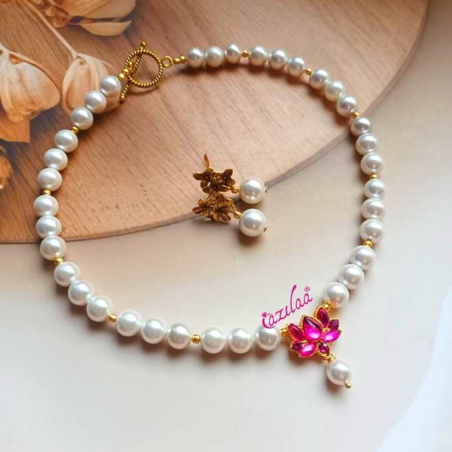 Pink Lotus pearl  choker Necklace earrings set