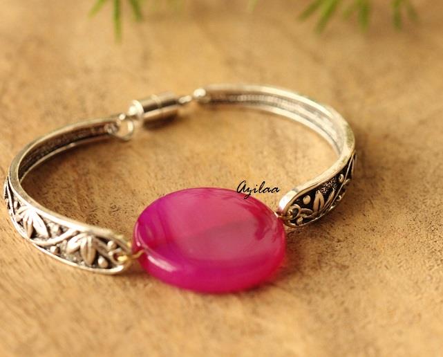 Pink Silver tone gemstone beaded handmade bracelet