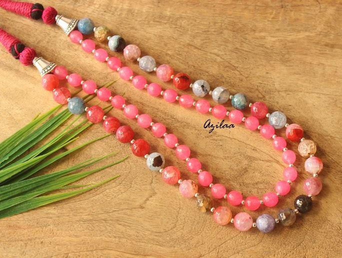 Pink blue agate layered gemstone artisan handmade necklace