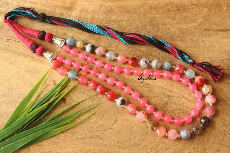 Pink blue agate layered gemstone artisan handmade necklace