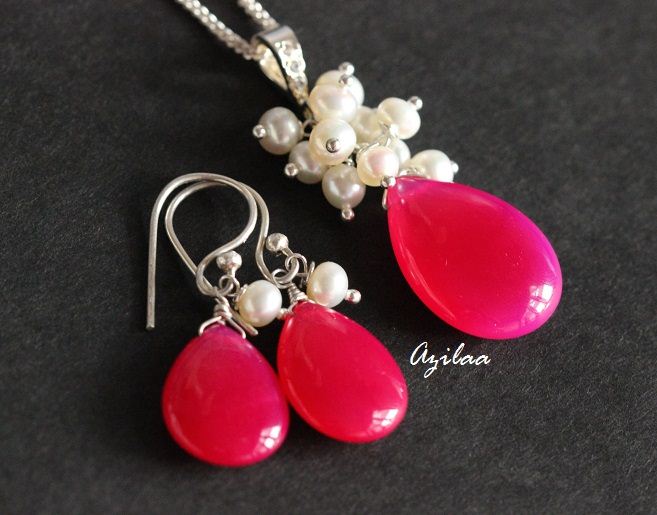 Pink chalcedony gemstone silver beaded pendant earring set