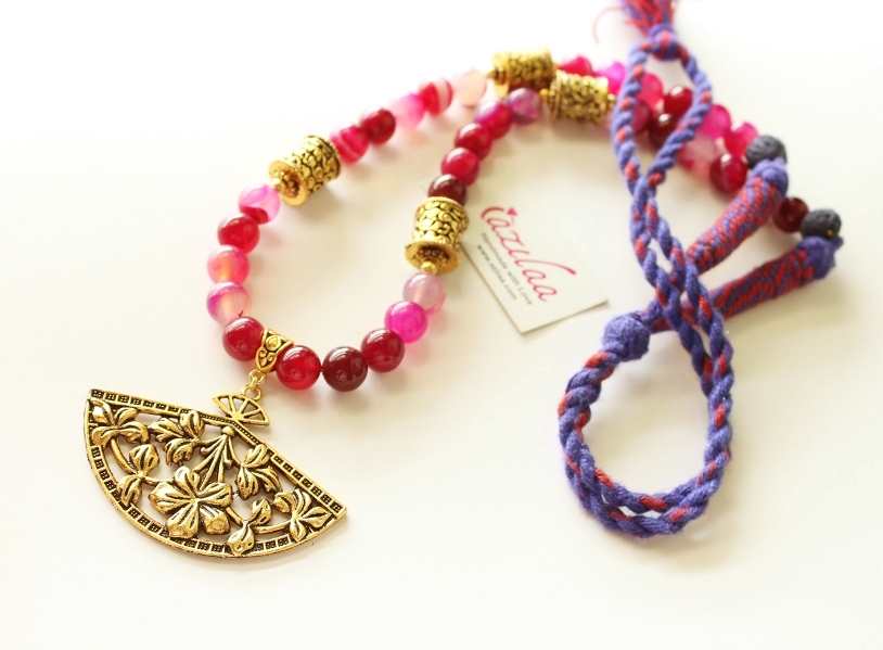 Pink gemstone beaded ethnic antique gold necklace set