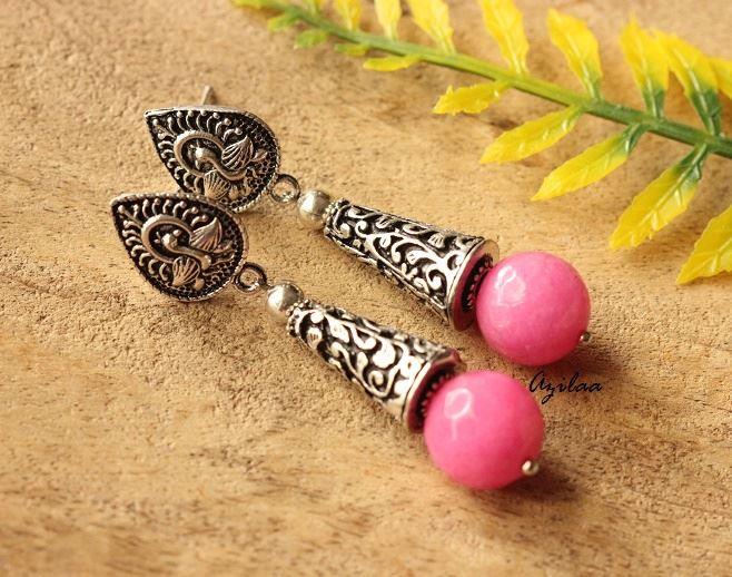 Pink gemstone handmade silver tone post earrings