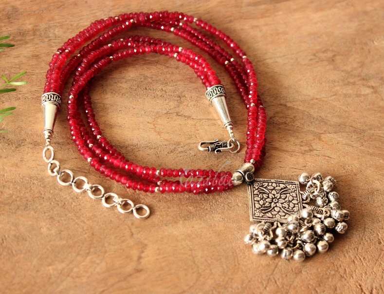 Pinkish maroon gemstone beaded handmade necklace set