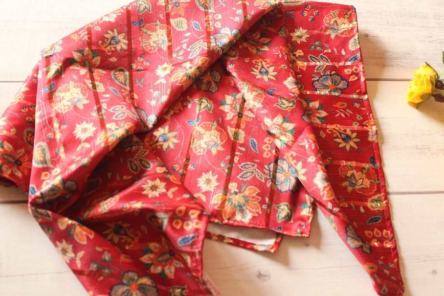 Premium red floral square satin golden scarf 