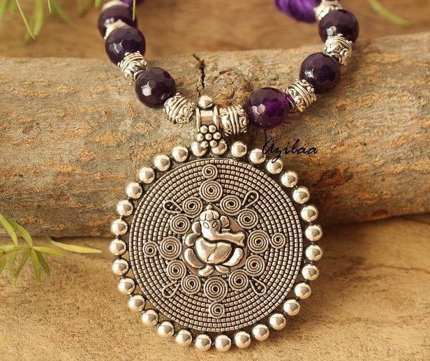 Purple  Ethnic Ganesha silver plated gemstone handmade necklace 