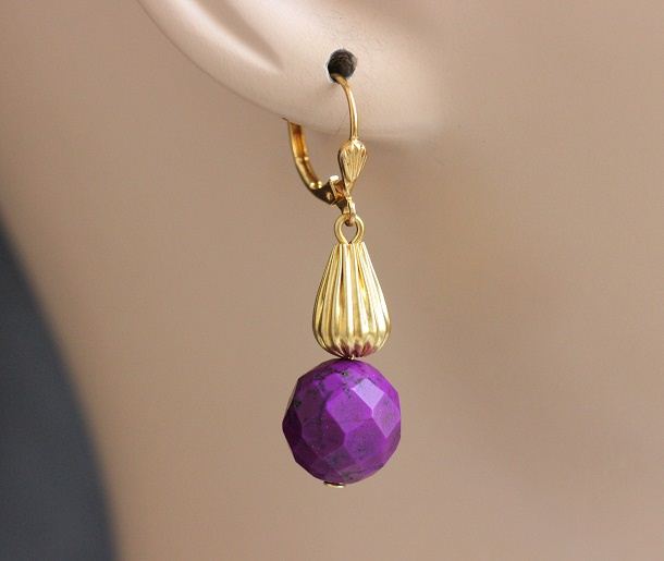Purple earrings Beaded gold earrings Purple stone earrings at 395 Azilaa