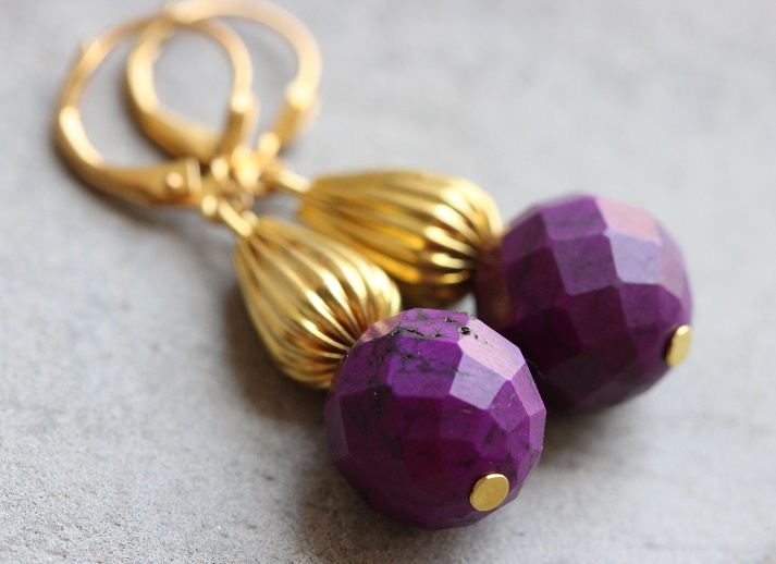 Purple earrings, Beaded gold earrings, Purple stone earrings