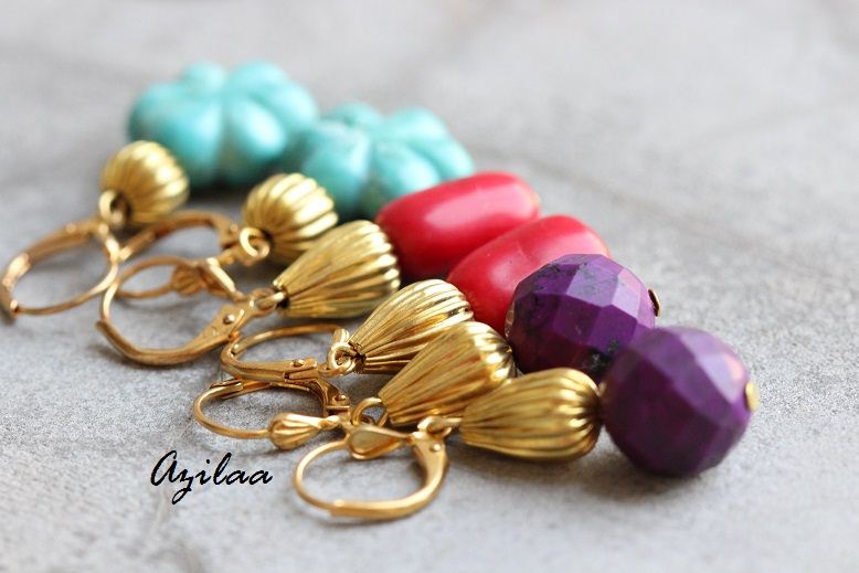 Purple earrings, Beaded gold earrings, Purple stone earrings