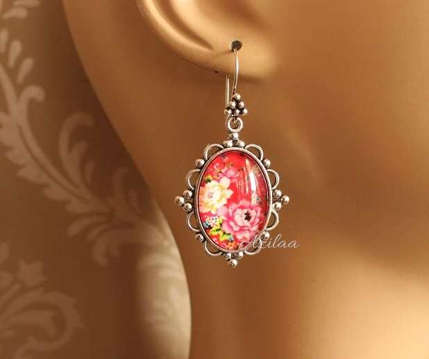 RED vintage style floral dangler designer earrings