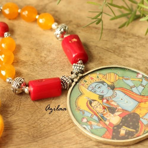 Radha krishna colorful gemstone handmade necklace at ₹2200 Azilaa
