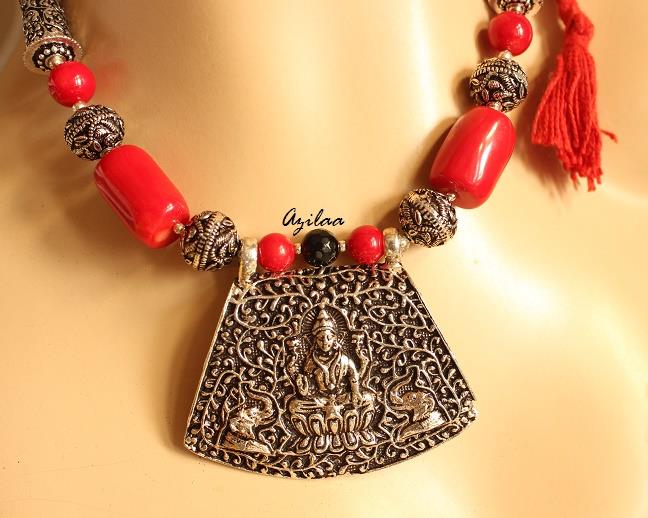 Red Coral beads necklace set, Antique silver Laxmi pendant set