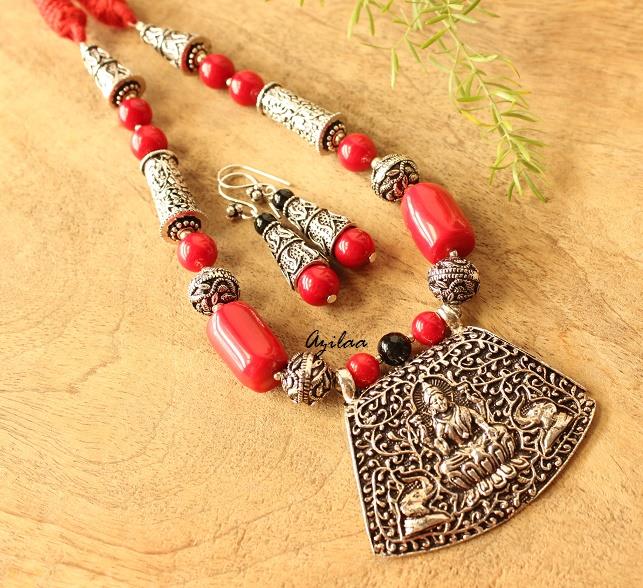 Red Coral beads necklace set, Antique silver Laxmi pendant set