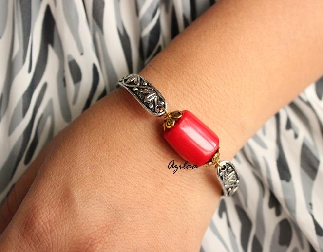 Red Coral Silver tone gemstone beaded handmade bracelet