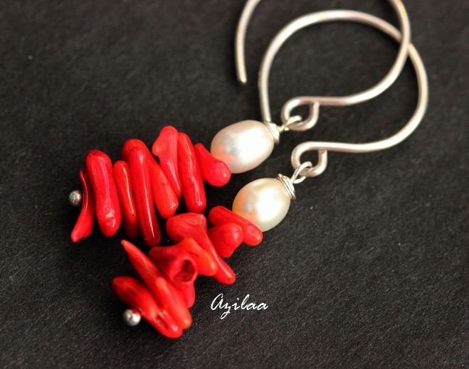 Red Coral pearl handmade sterling silver earrings