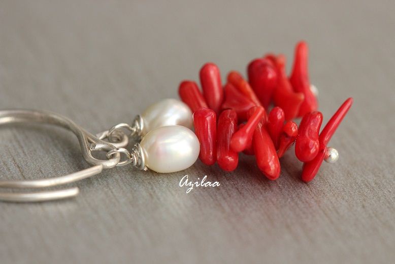 Red Coral pearl handmade sterling silver earrings