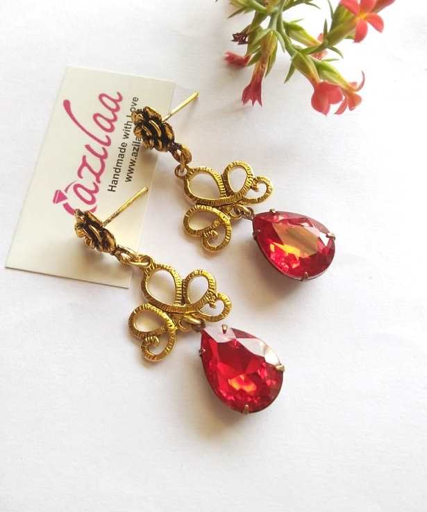 Red Dangler flower crystal glass handmade earrings at ₹1600 | Azilaa