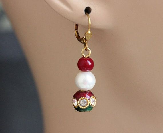 Red Green earrings, Artisan beaded earrings, Enamel earrings