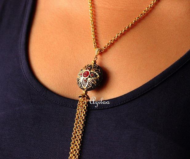 Red Lariat designer handmade gold plated chain tassel necklace