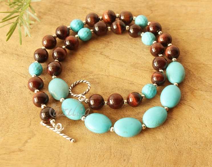 Red Tiger Eye blue gemstone silver beaded necklace earring