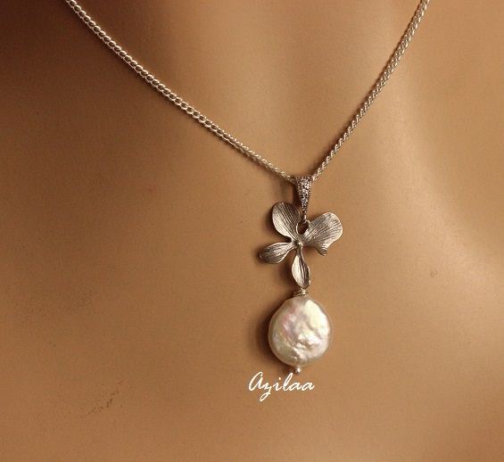 Orchid flower designer pearl pendant necklace