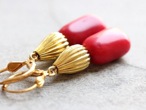 Red earrings, Red coral stone earrings, Coral jewellery in gold