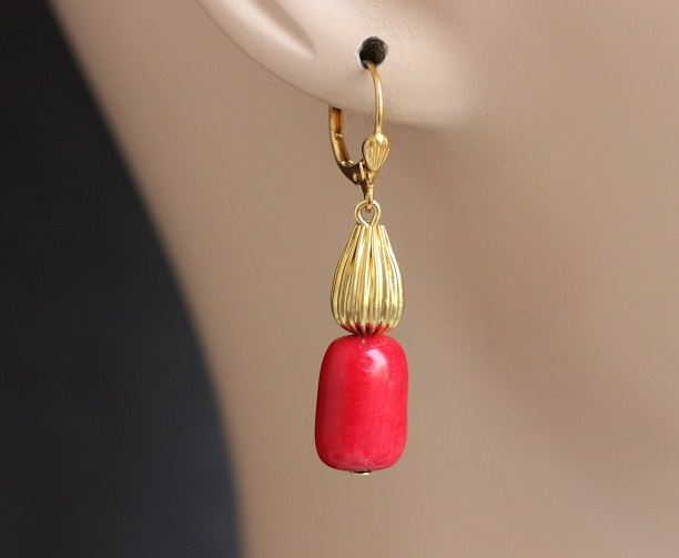 Red earrings, Red coral stone earrings, Coral jewellery in gold