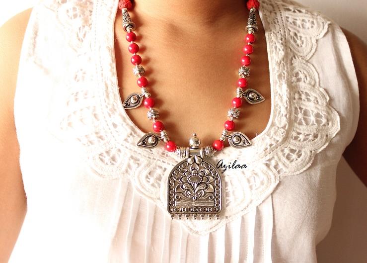 Red coral handmade Gemstone Necklace earring set
