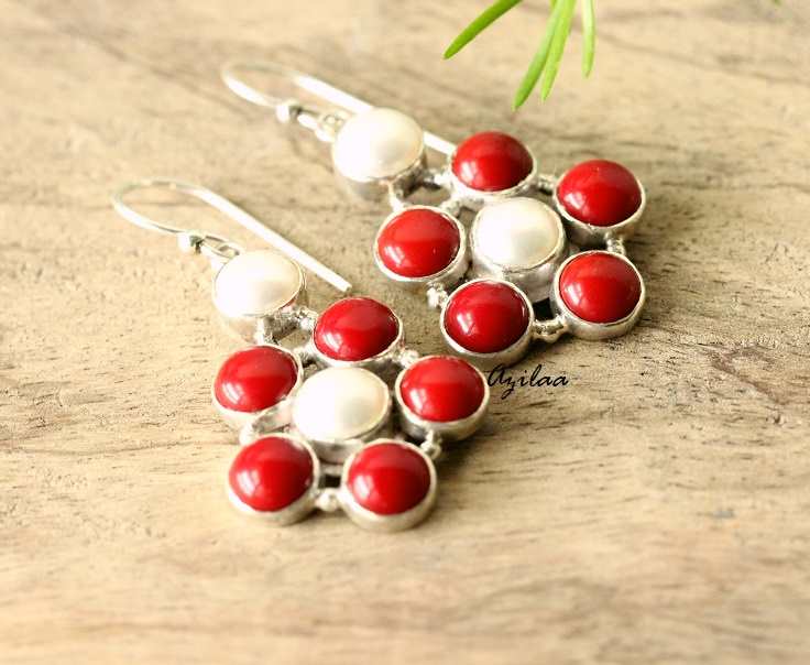 Red coral pearl Sterling silver gemstone Pendant set