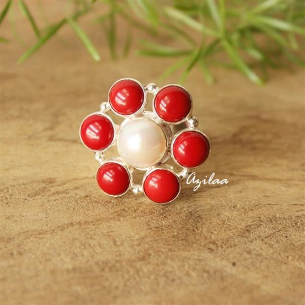Red Coral ring 925 silver pearl ring