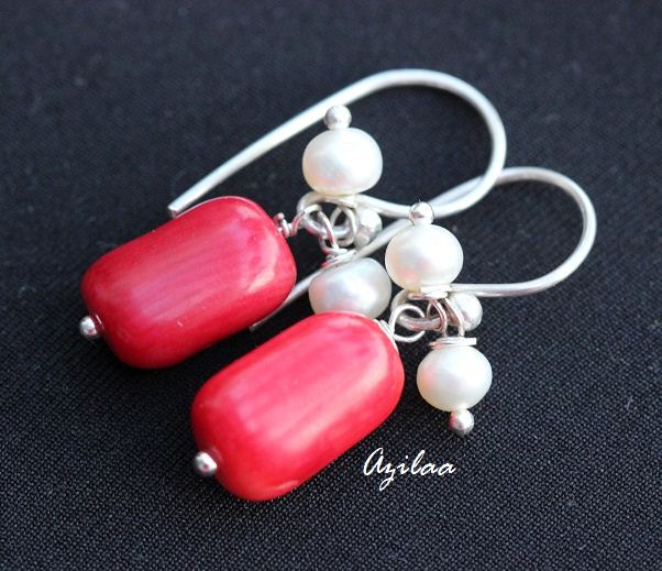 Red coral  pearl sterling silver handmade gemstone earrings