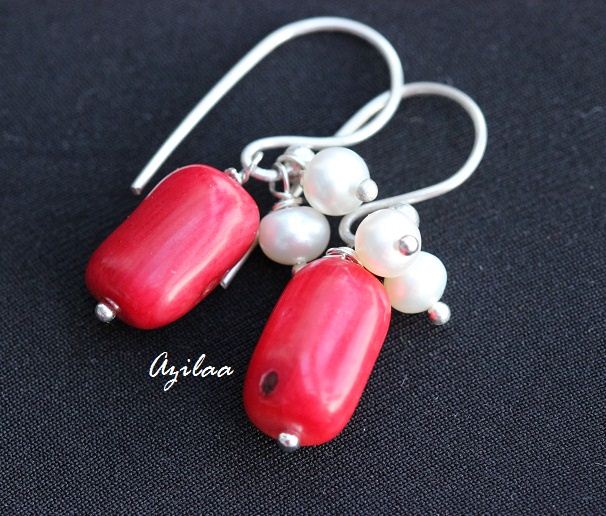 Red coral  pearl sterling silver handmade gemstone earrings