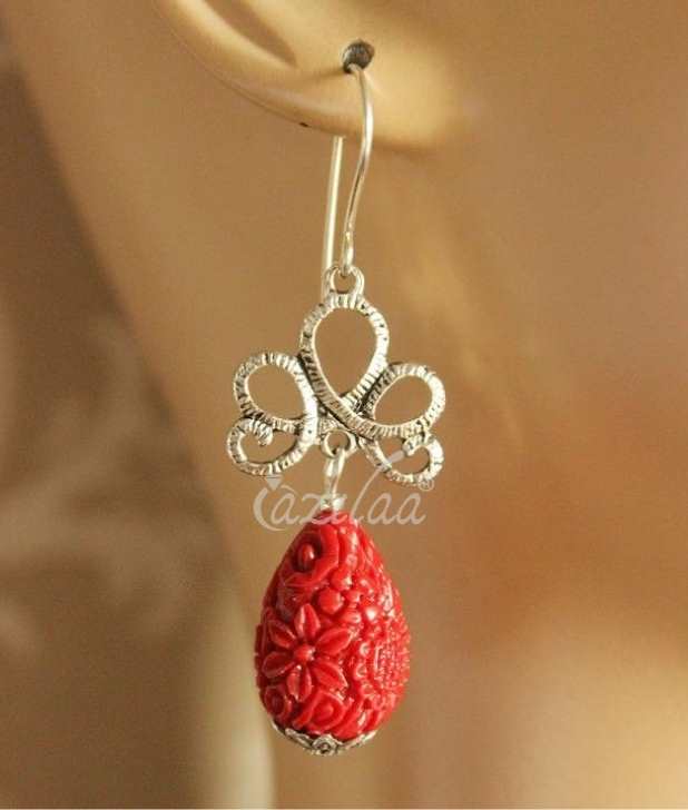 Red floral carved beaded chandelier silver earrings