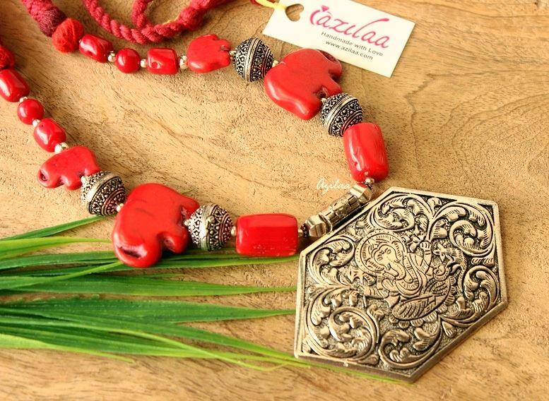 Red gemstone Coral Ganesha pendant elephant handmade necklace set at
